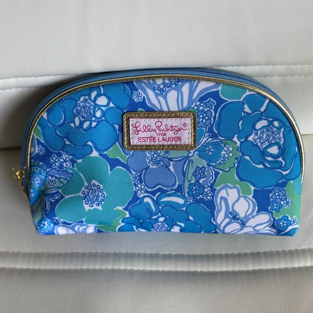 Lilly Pulitzer for Estee Lauder Blue Floral Makeup Cosmetic Bag 8.5" x 5.5" New